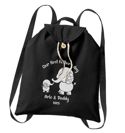 Our first Father's day personalised date and names organic cotton backpack tote with wooden buttons in black