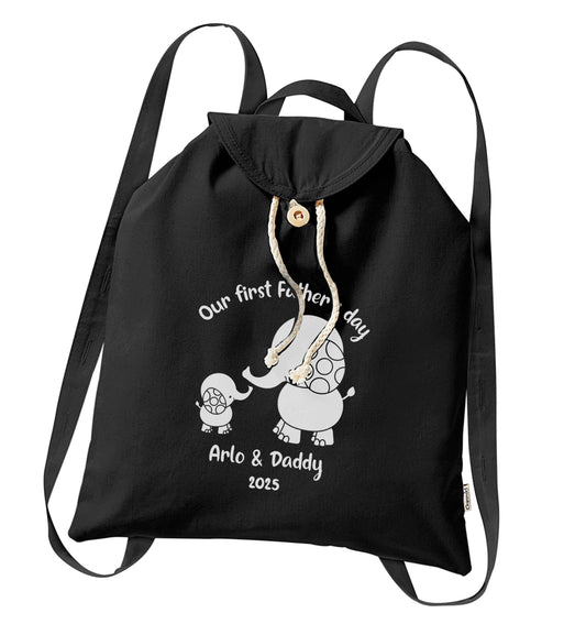 Our first Father's day personalised date and names organic cotton backpack tote with wooden buttons in black