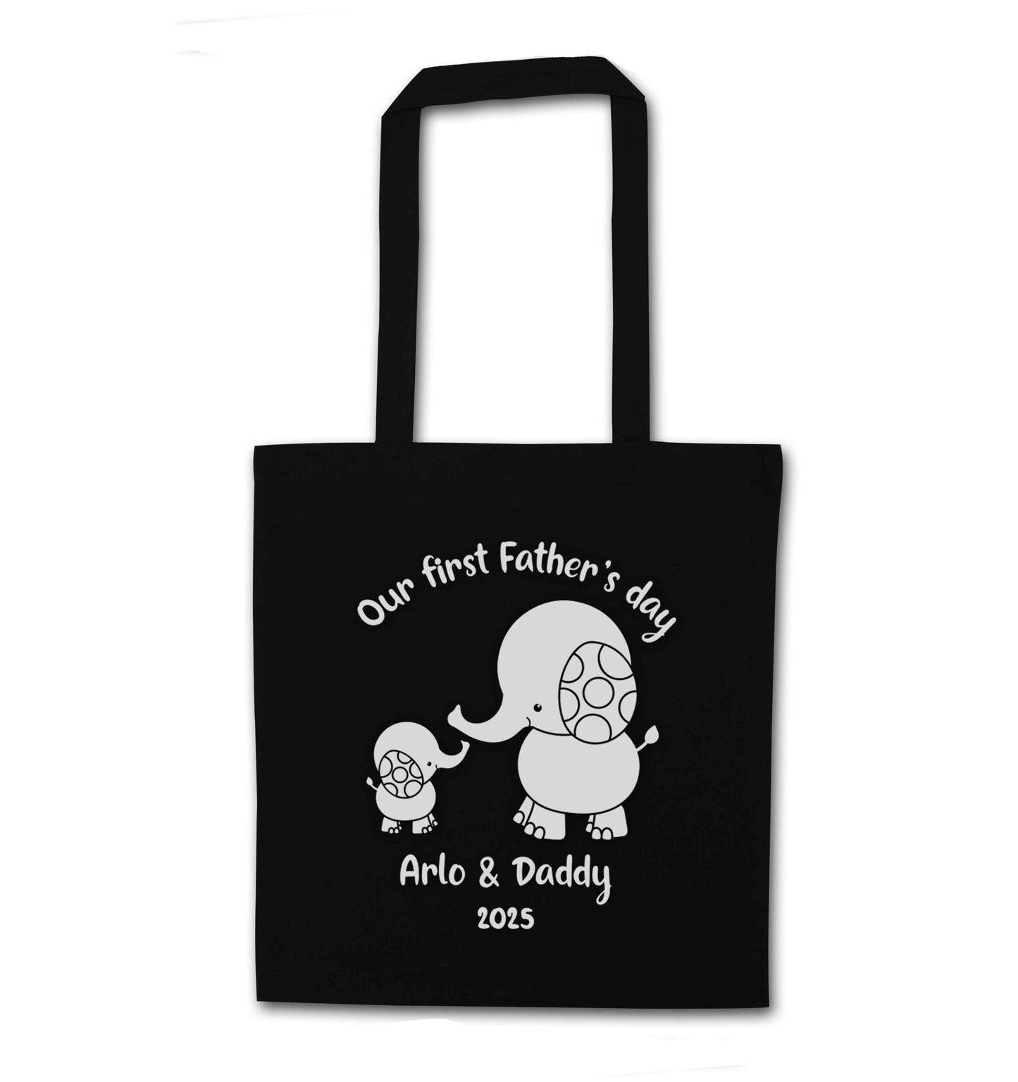 Our first Father's day personalised date and names black tote bag