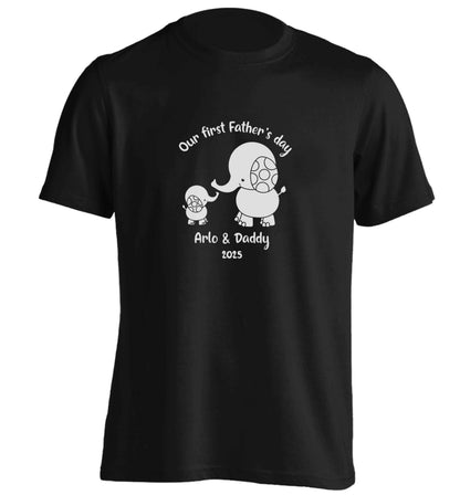 Our first Father's day personalised date and names adults unisex black Tshirt 2XL