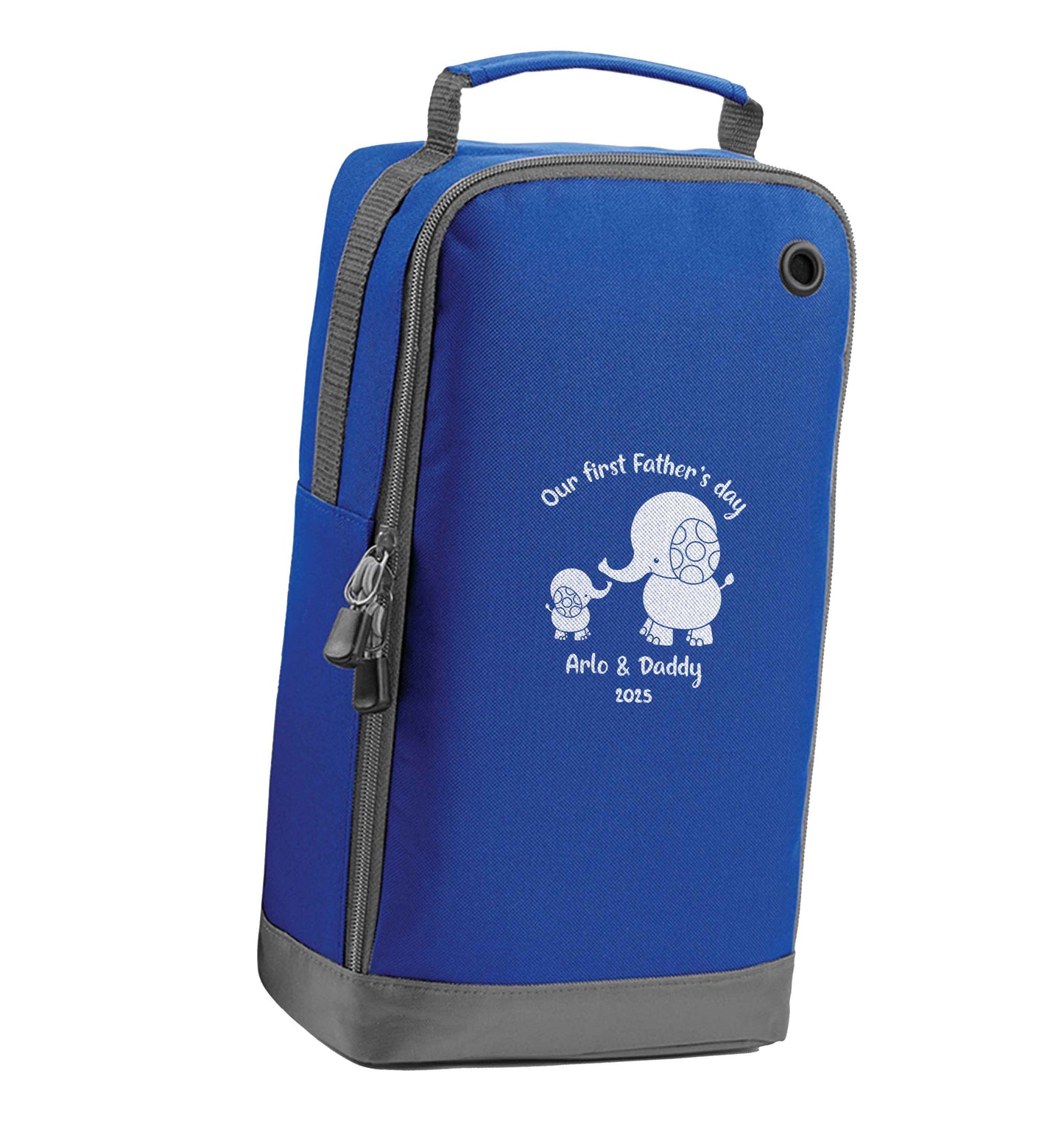 Our first Father's day personalised date and names blue sports shoe bag vertical print