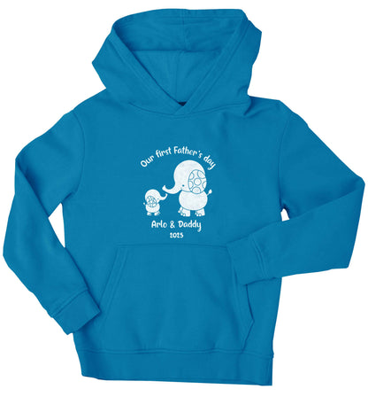 Our first Father's day personalised date and names children's blue hoodie 12-13 Years