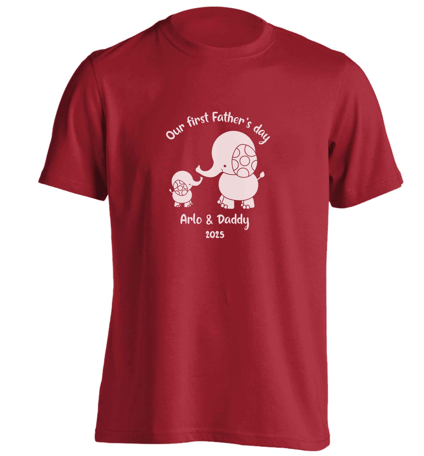 Our first Father's day personalised date and names adults unisex red Tshirt 2XL