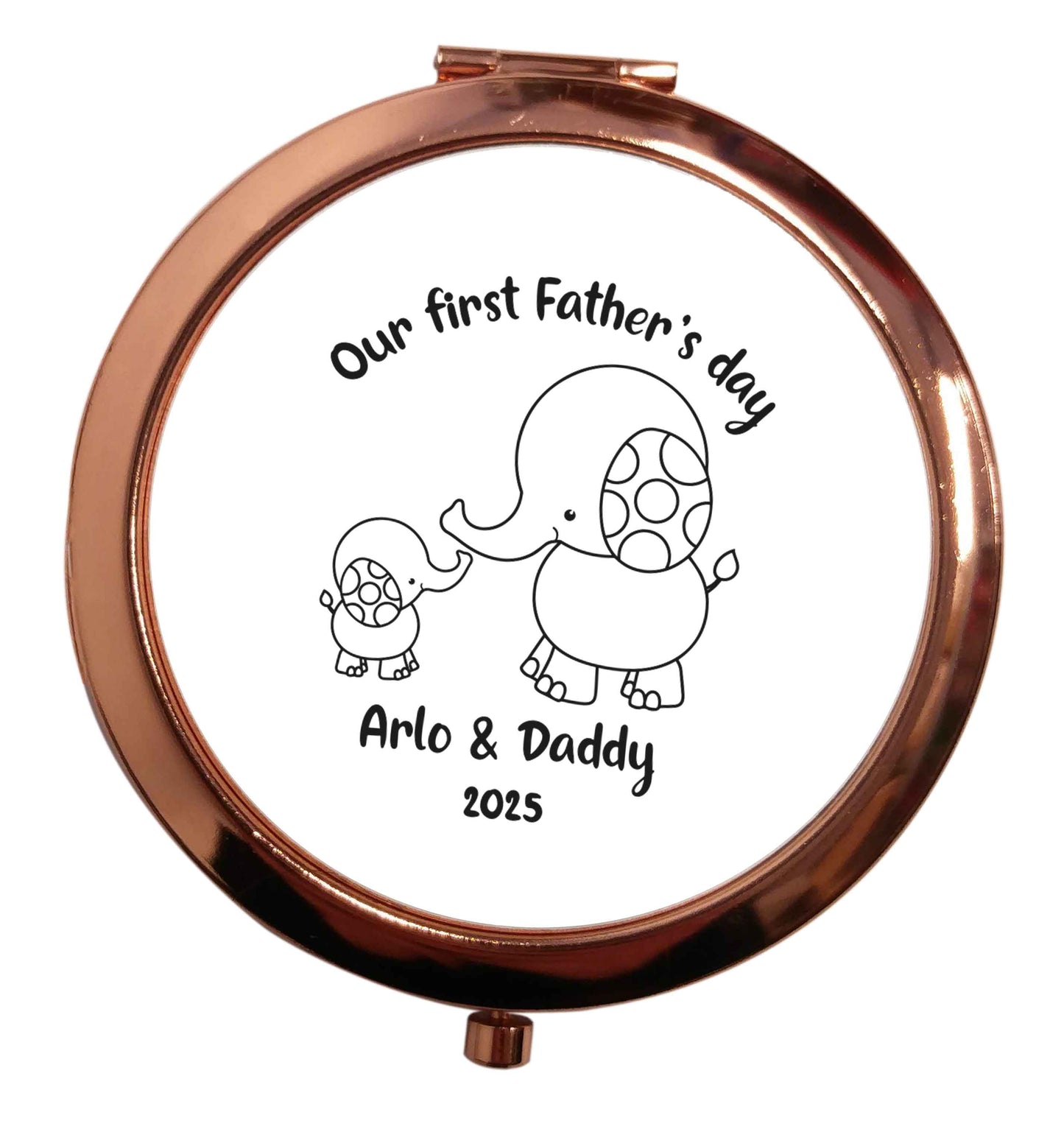 Our first Father's day personalised date and names rose gold circle pocket mirror