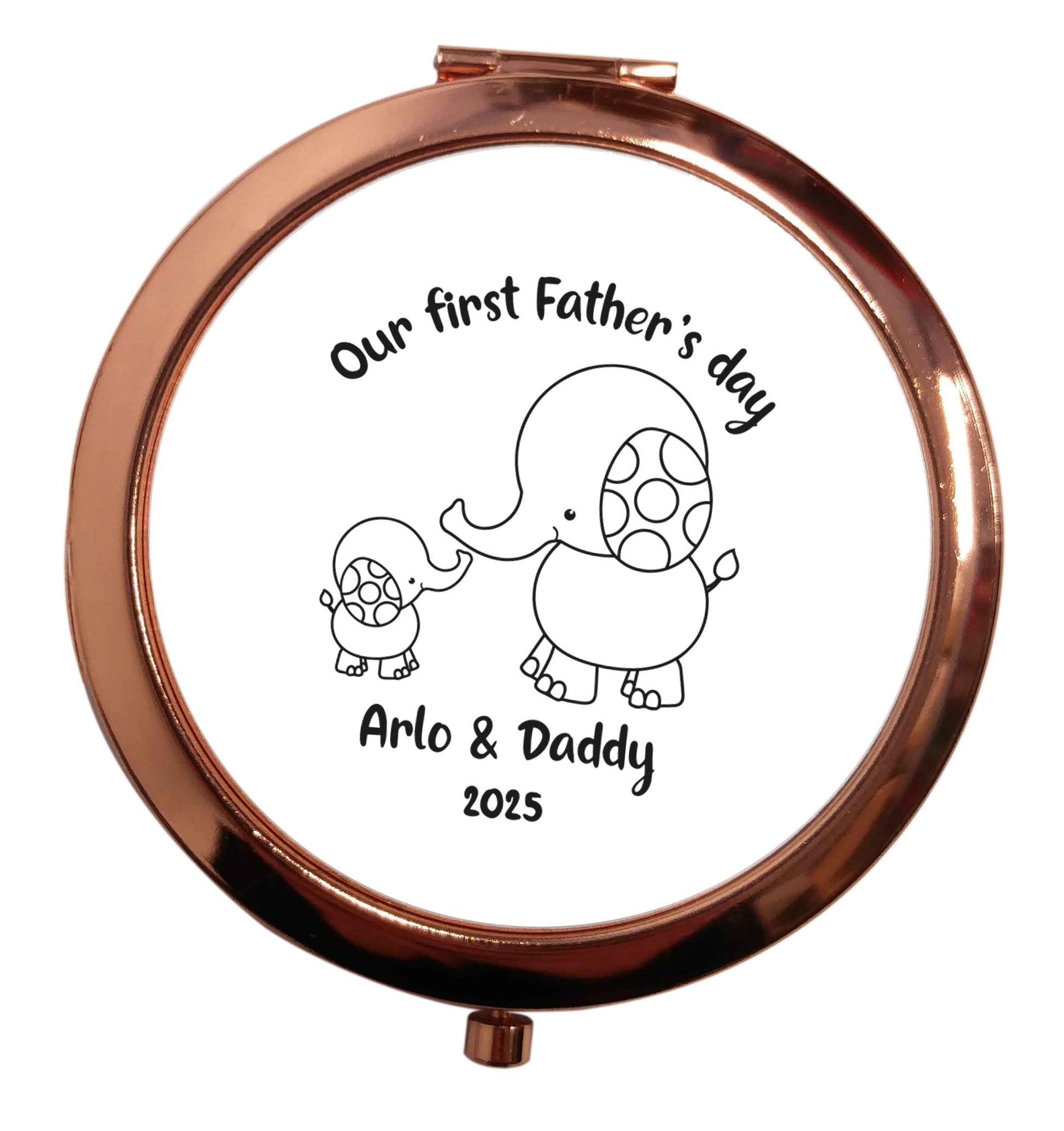 Our first Father's day personalised date and names rose gold circle pocket mirror
