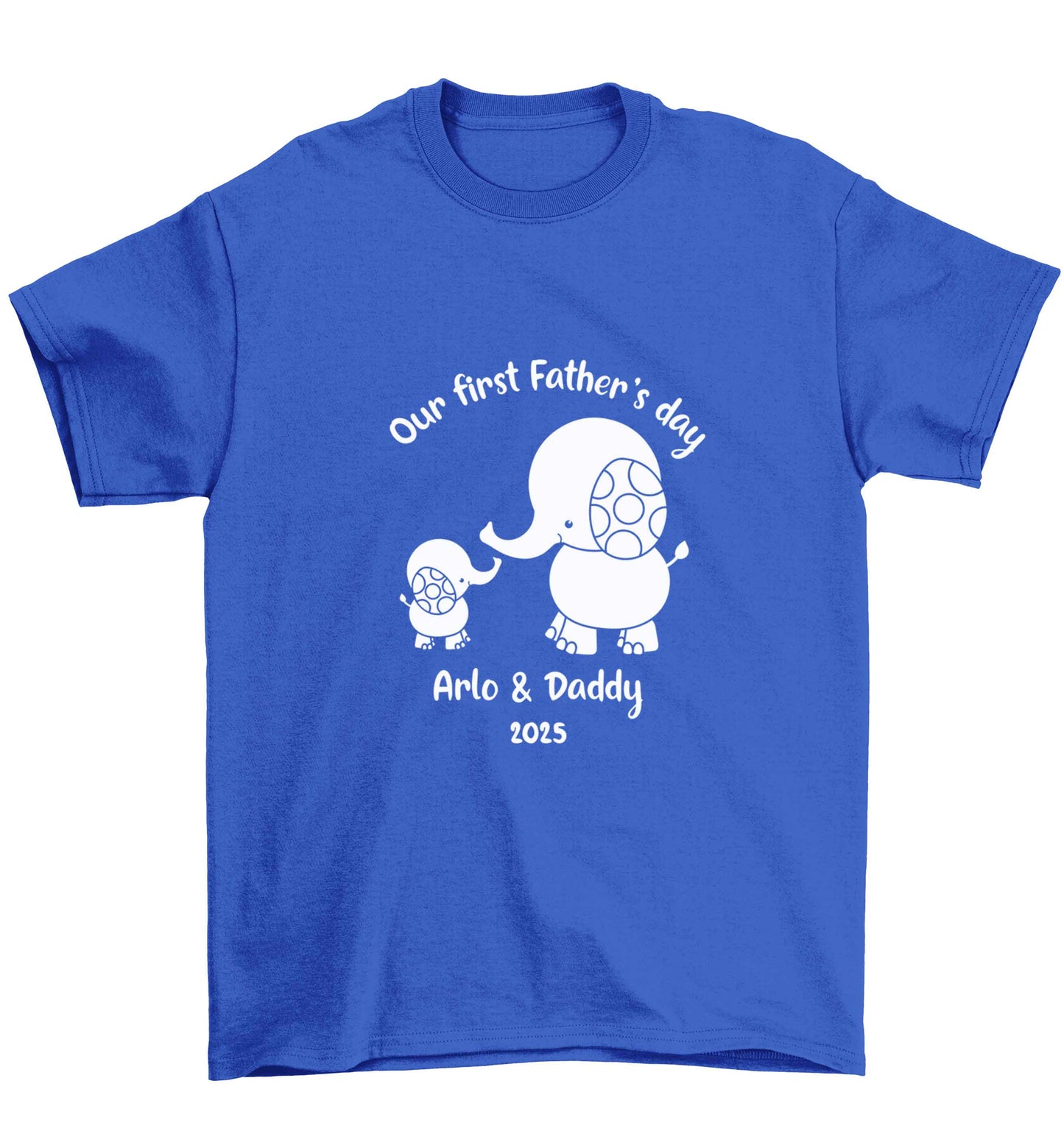 Our first Father's day personalised date and names Children's blue Tshirt 12-13 Years