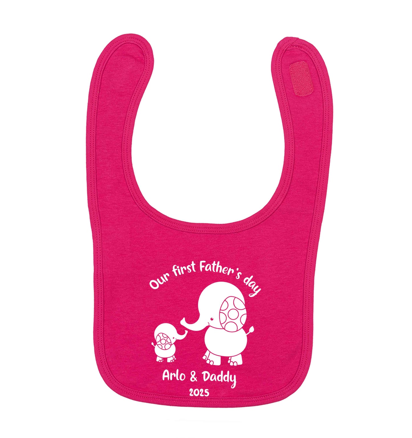 Our first Father's day personalised date and names dark pink baby bib