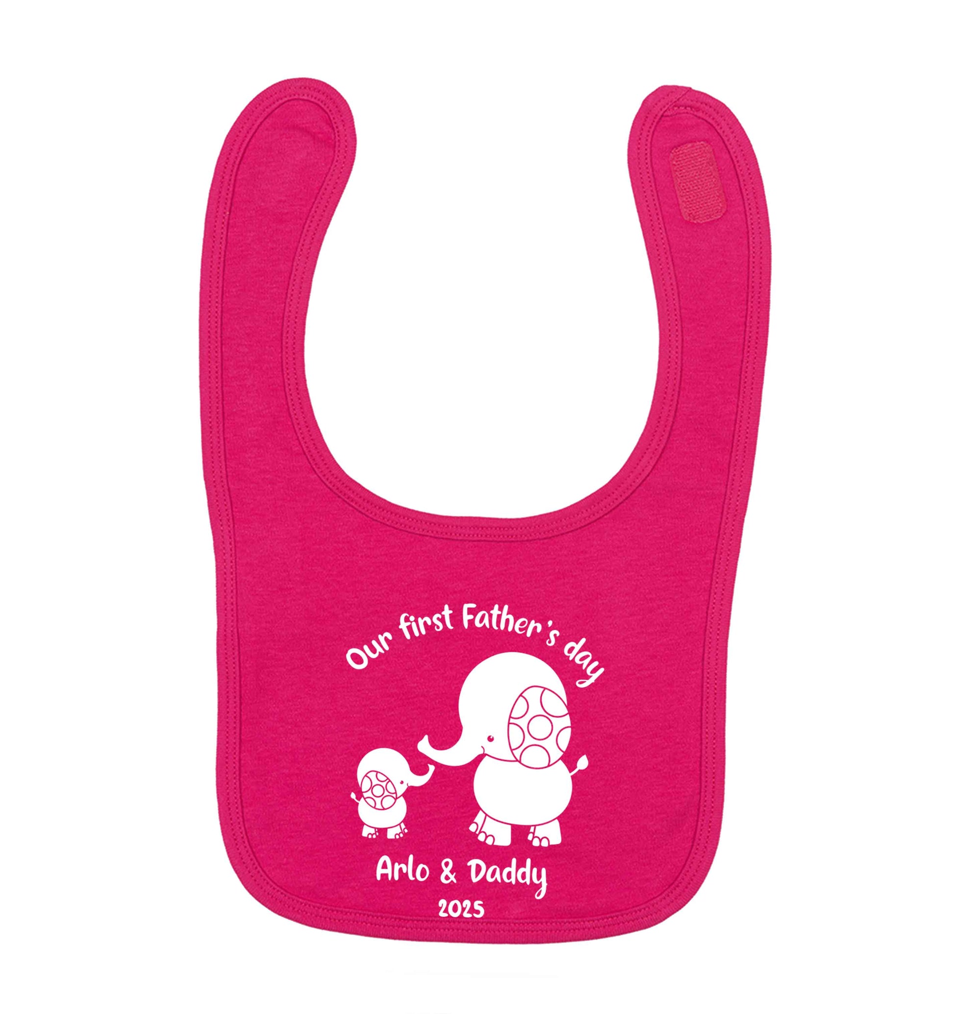 Our first Father's day personalised date and names dark pink baby bib