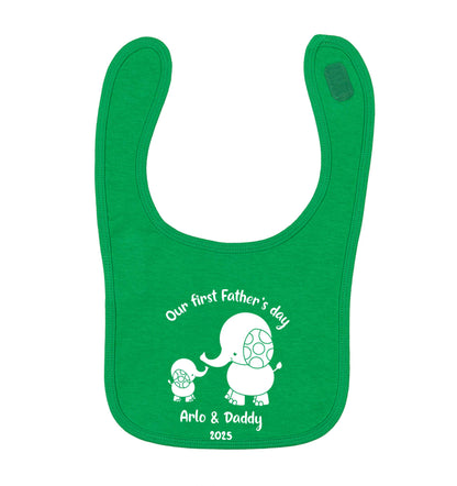 Our first Father's day personalised date and names green baby bib