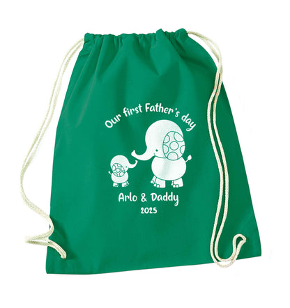 Our first Father's day personalised date and names green drawstring bag