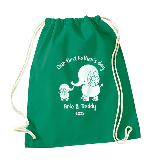 Our first Father's day personalised date and names green drawstring bag