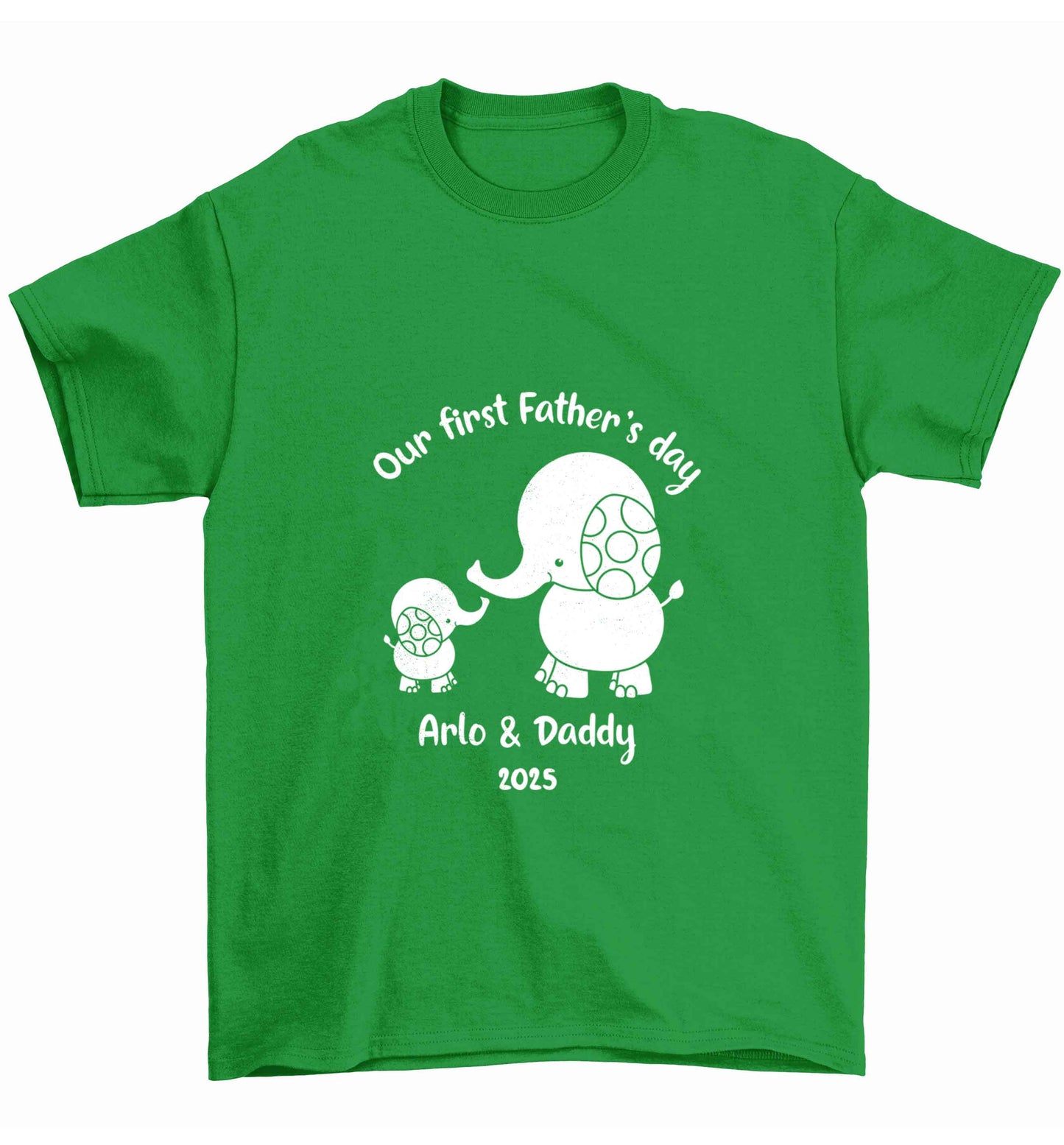 Our first Father's day personalised date and names Children's green Tshirt 12-13 Years
