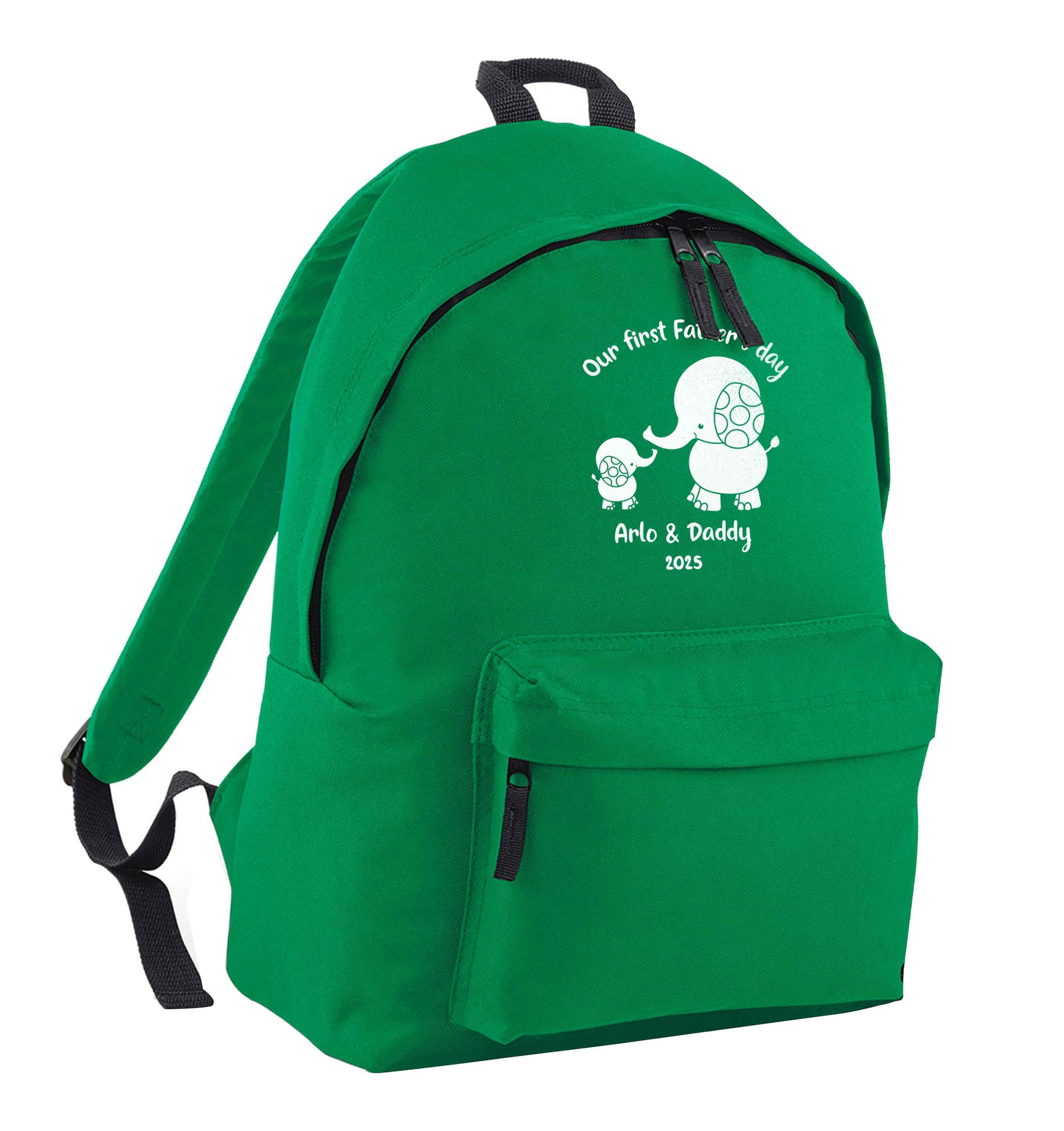 Our first Father's day personalised date and names green adults backpack