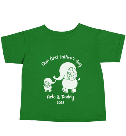 Our first Father's day personalised date and names green baby toddler Tshirt 2 Years