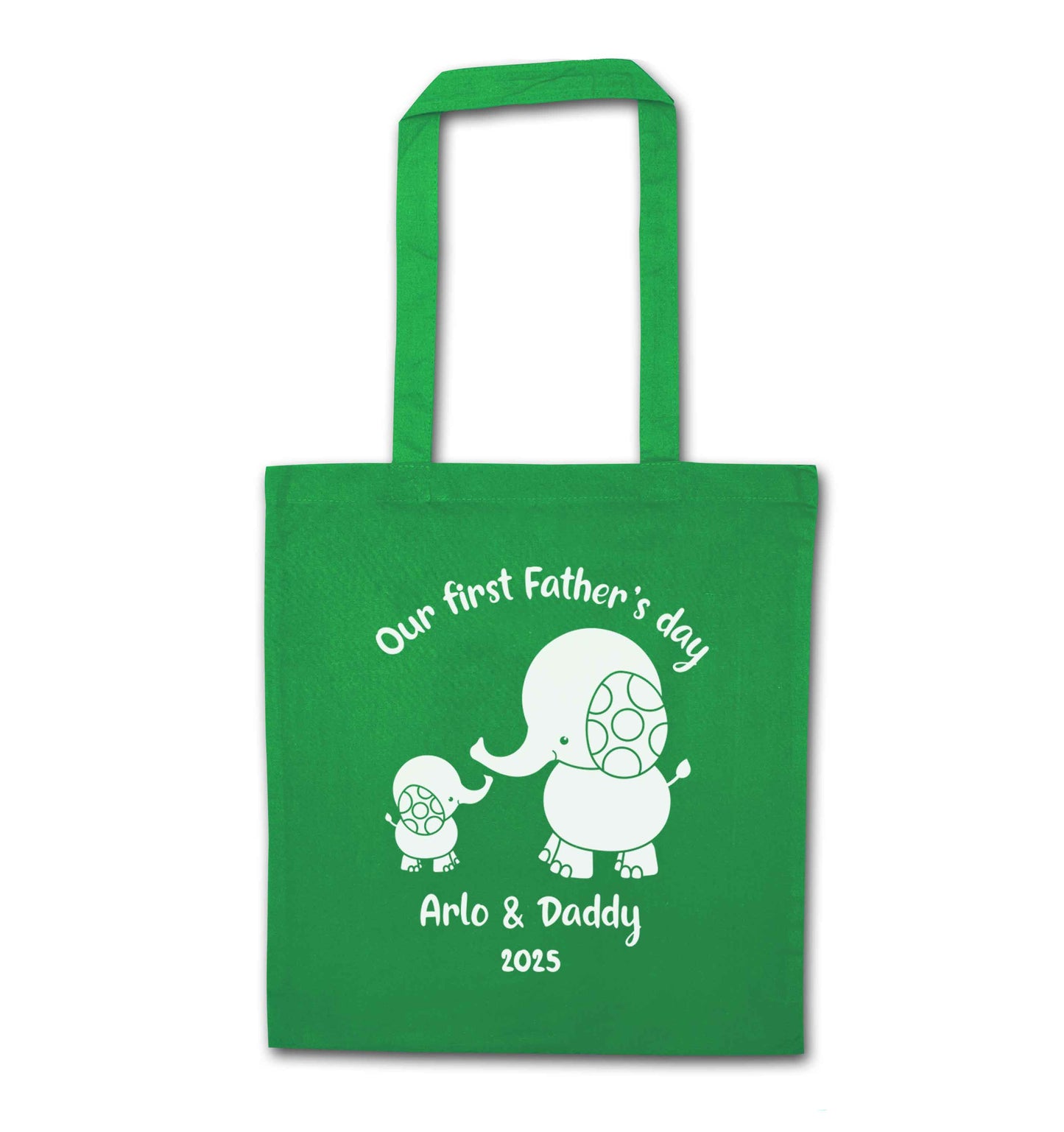 Our first Father's day personalised date and names green tote bag