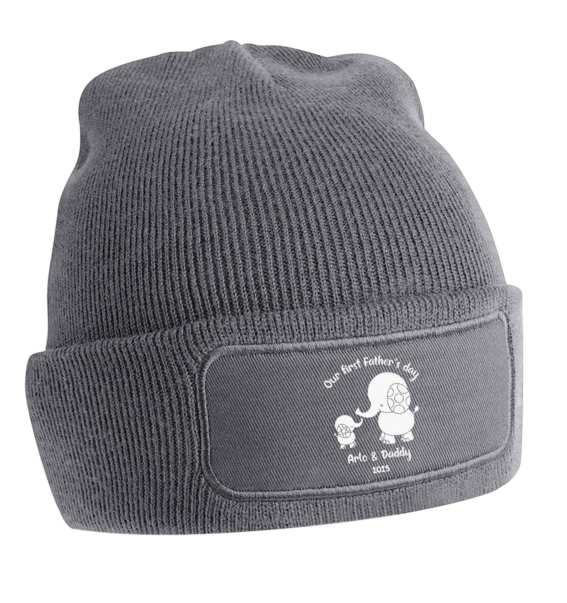 Our first Father's day personalised date and names beanie hat