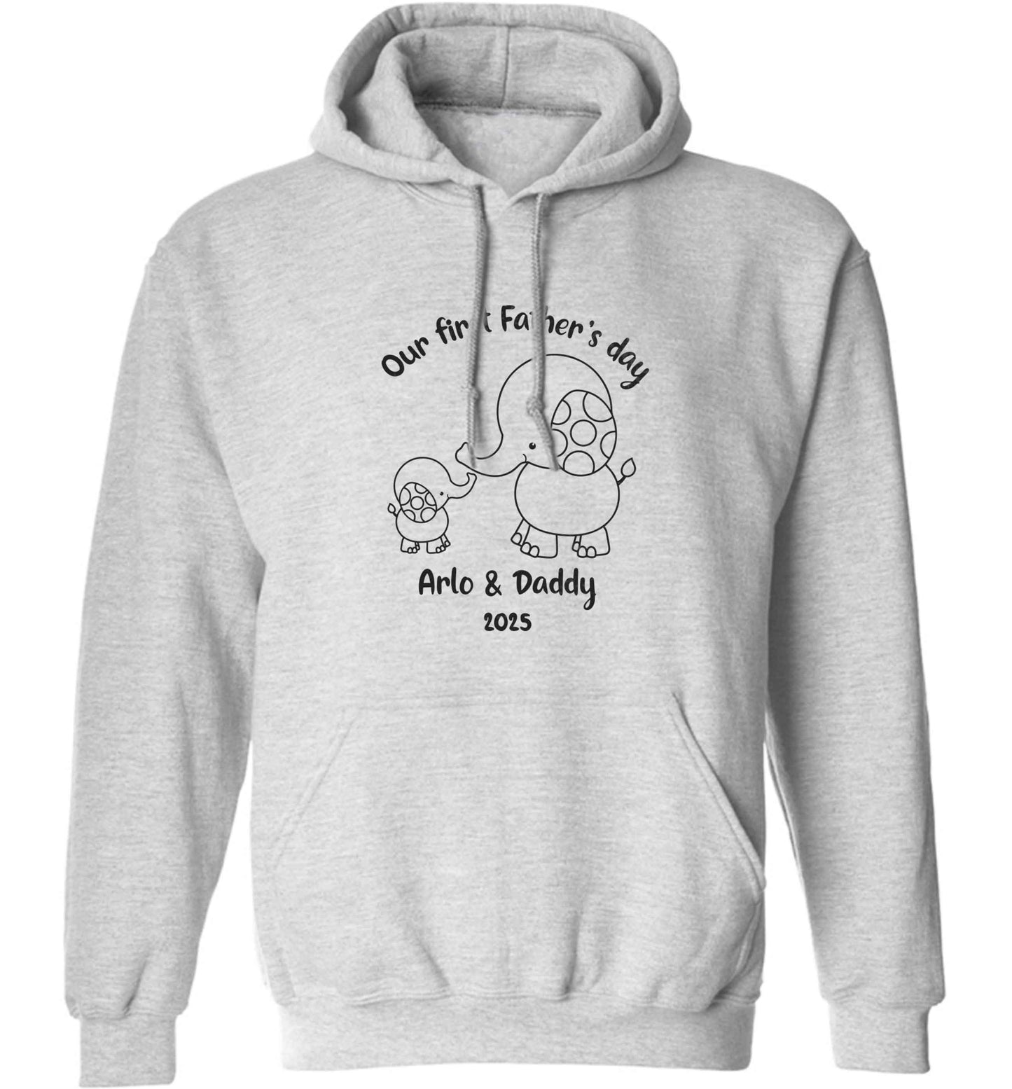 Our first Father's day personalised date and names adults unisex grey hoodie 2XL