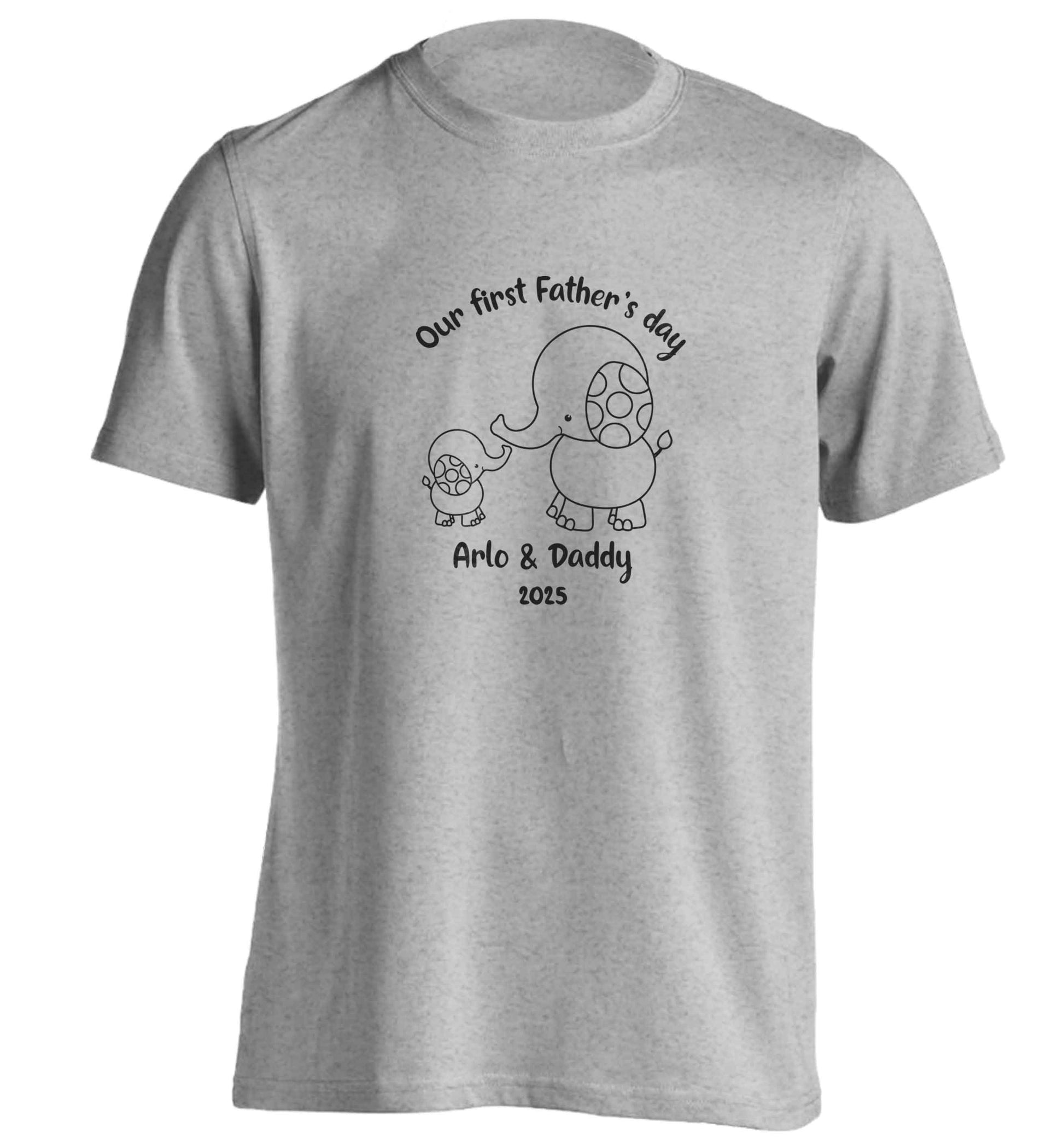 Our first Father's day personalised date and names adults unisex grey Tshirt 2XL