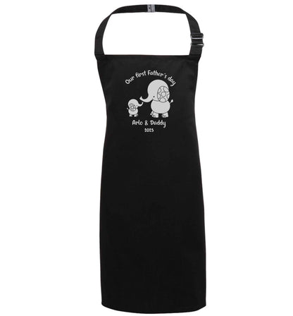 Our first Father's day personalised date and names black apron 7-10 years
