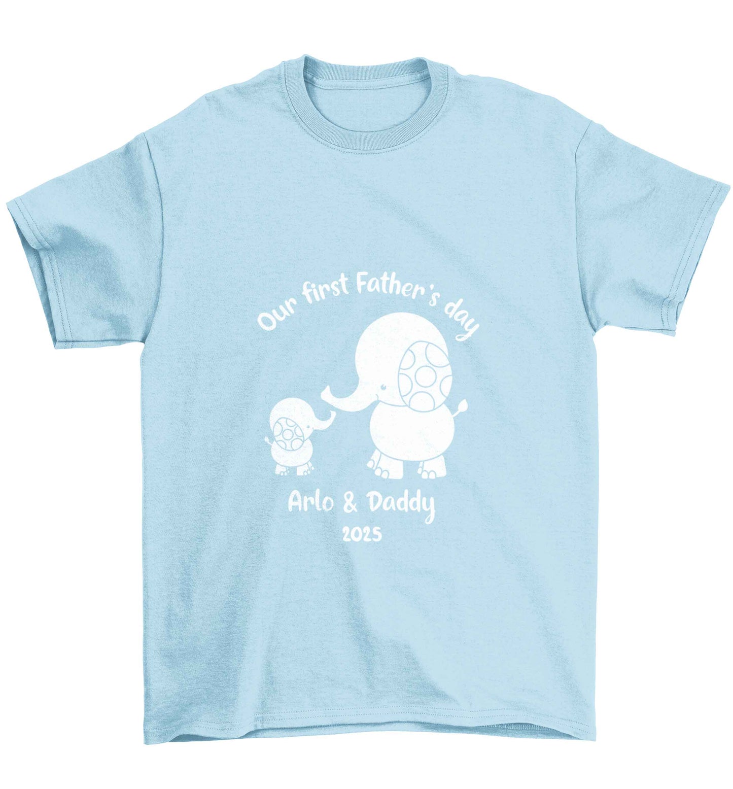 Our first Father's day personalised date and names Children's light blue Tshirt 12-13 Years
