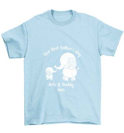 Our first Father's day personalised date and names Children's light blue Tshirt 12-13 Years