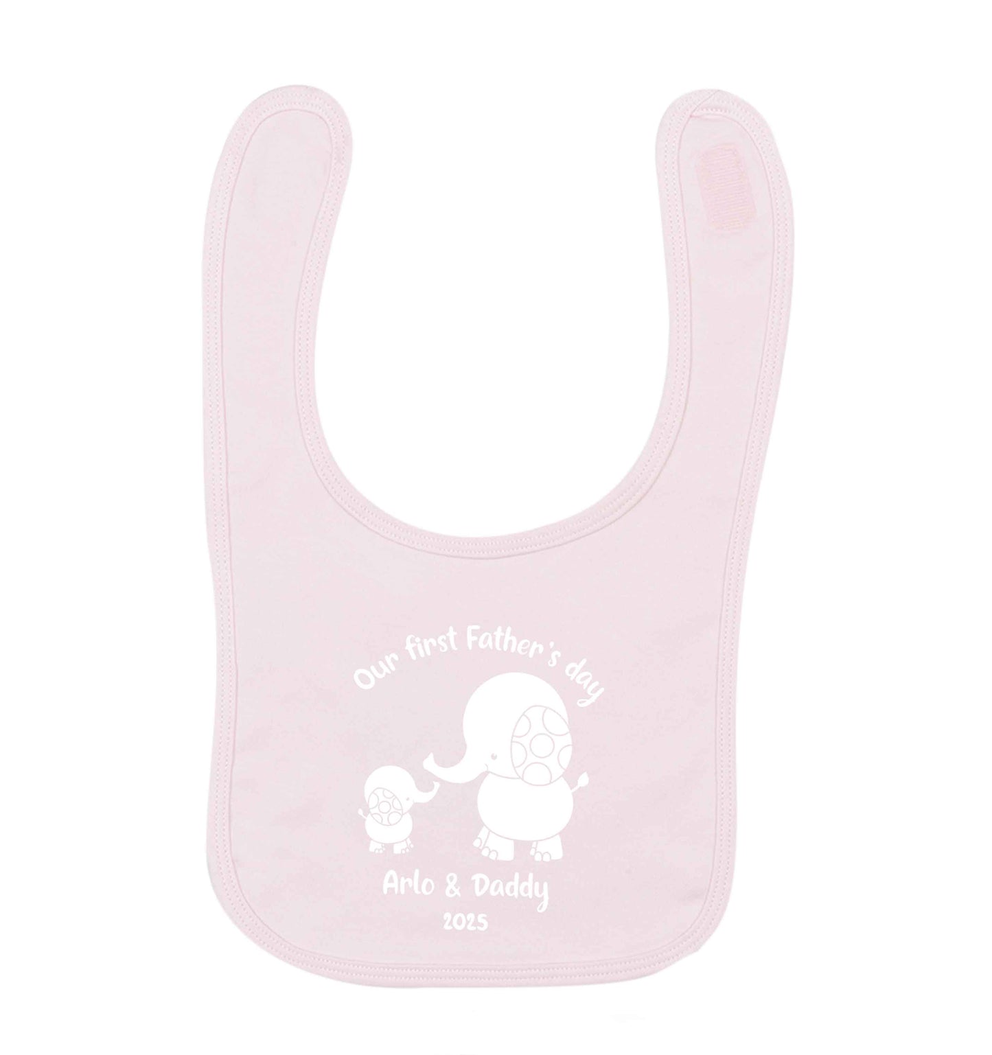 Our first Father's day personalised date and names pale pink baby bib