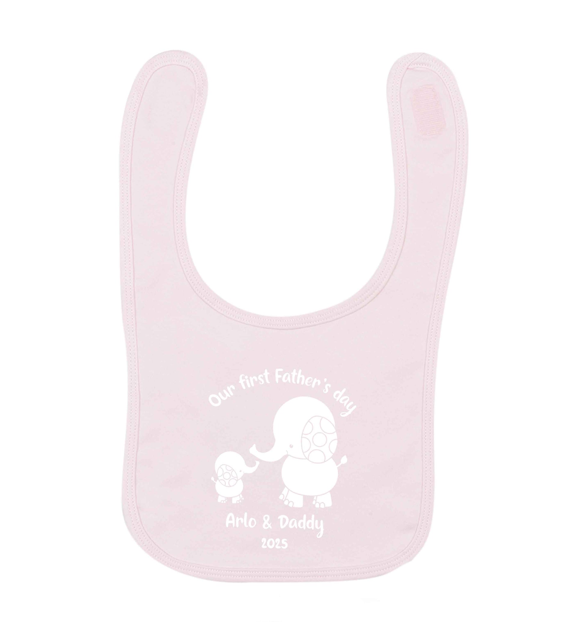 Our first Father's day personalised date and names pale pink baby bib