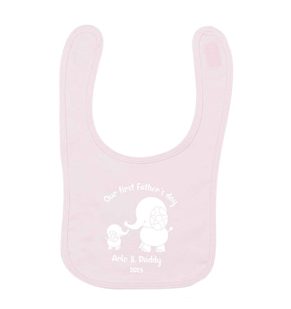 Our first Father's day personalised date and names pale pink baby bib