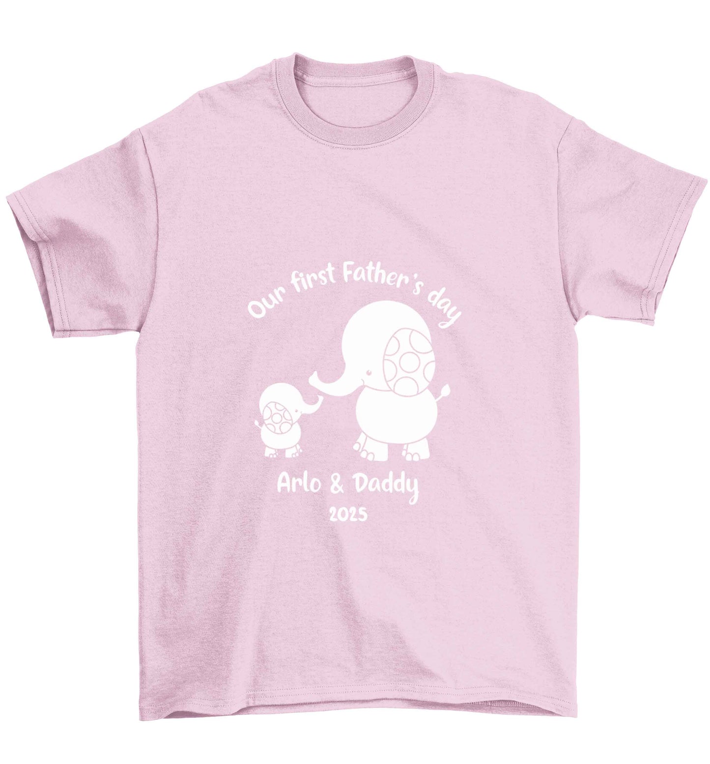 Our first Father's day personalised date and names Children's light pink Tshirt 12-13 Years