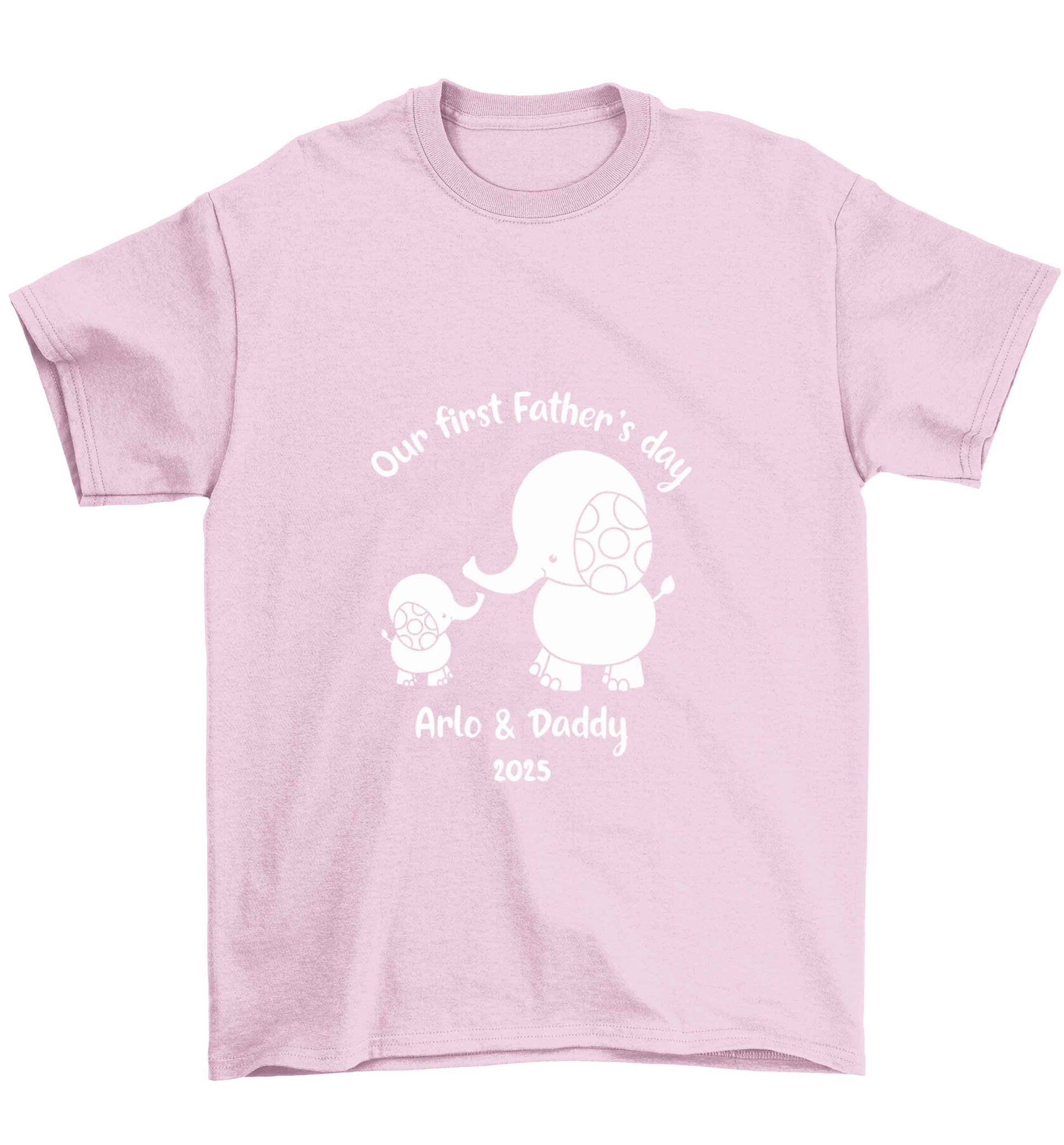 Our first Father's day personalised date and names Children's light pink Tshirt 12-13 Years