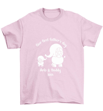 Our first Father's day personalised date and names Children's light pink Tshirt 12-13 Years