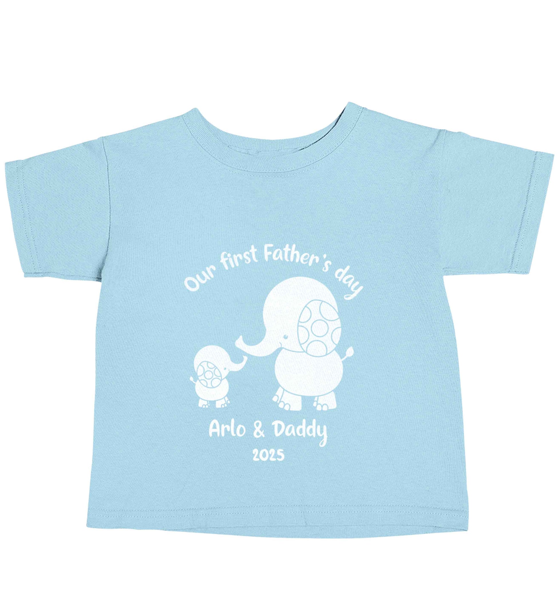 Our first Father's day personalised date and names light blue baby toddler Tshirt 2 Years