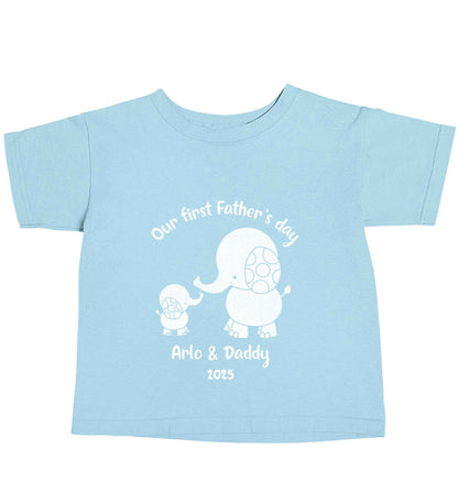 Our first Father's day personalised date and names light blue baby toddler Tshirt 2 Years