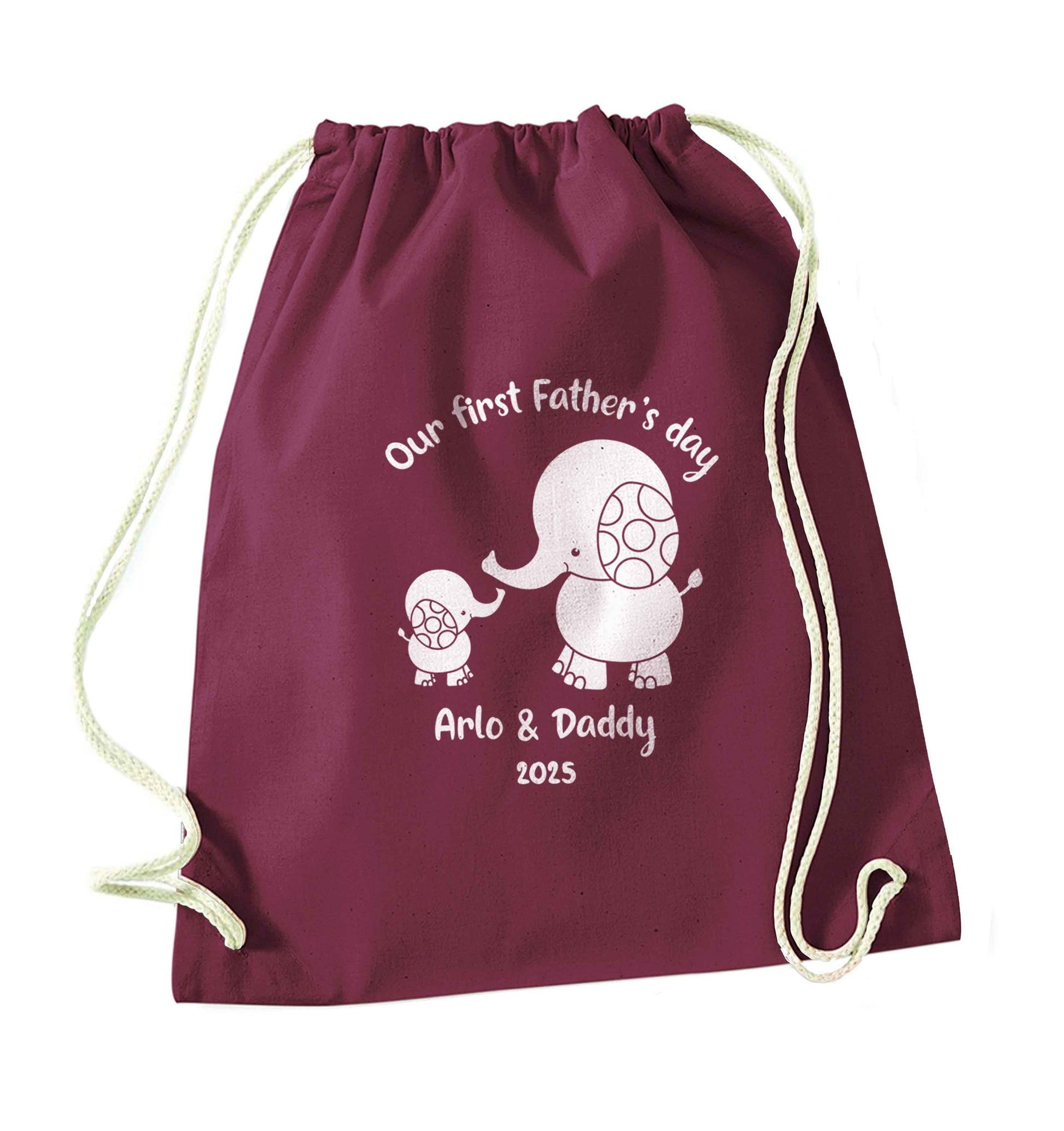 Our first Father's day personalised date and names maroon drawstring bag