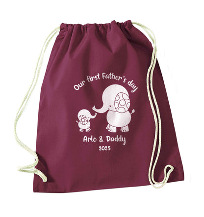 Our first Father's day personalised date and names maroon drawstring bag