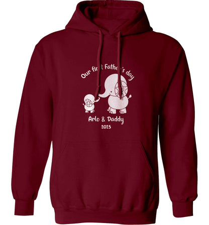 Our first Father's day personalised date and names adults unisex maroon hoodie 2XL