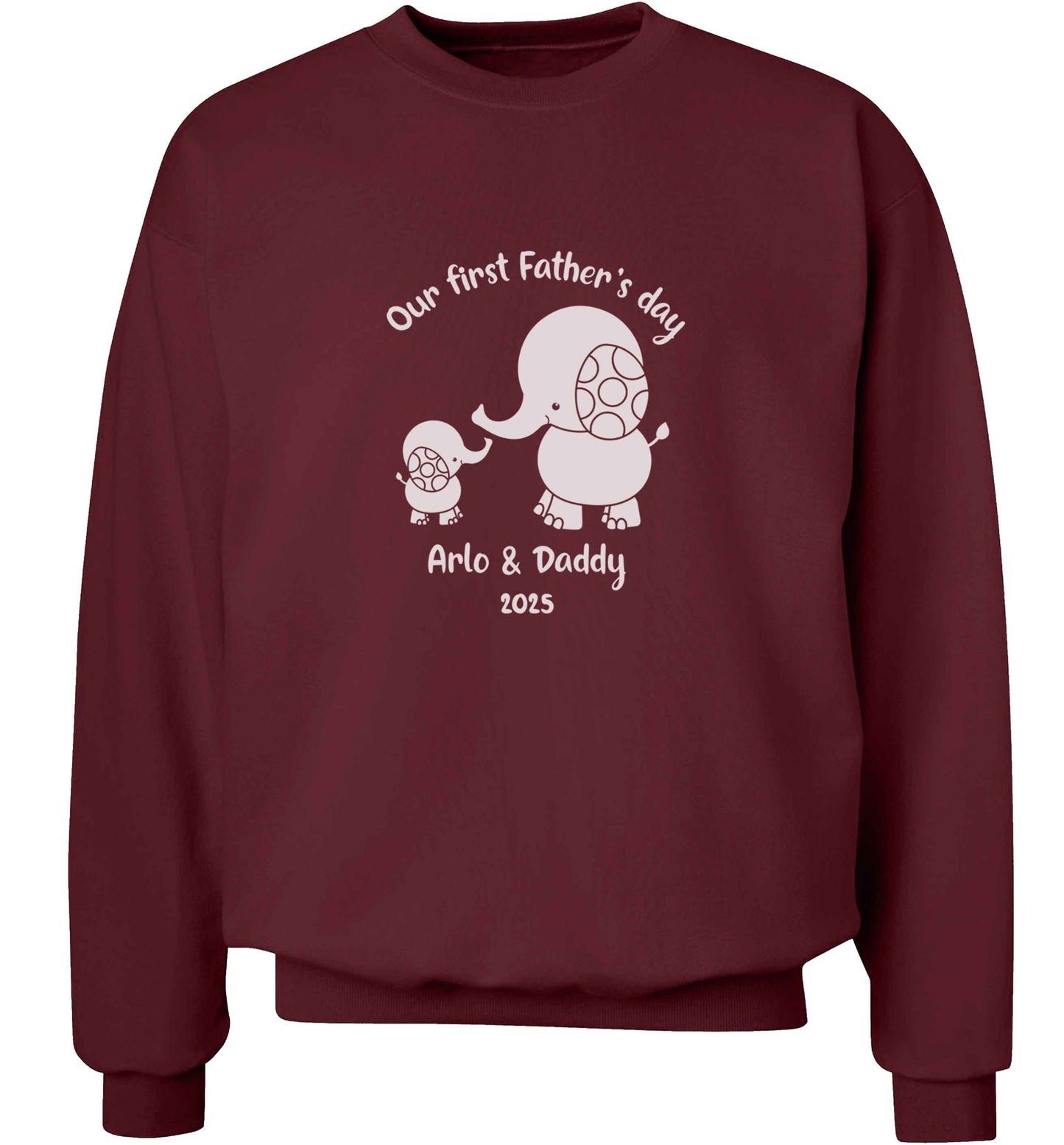 Our first Father's day personalised date and names adult's unisex maroon sweater 2XL