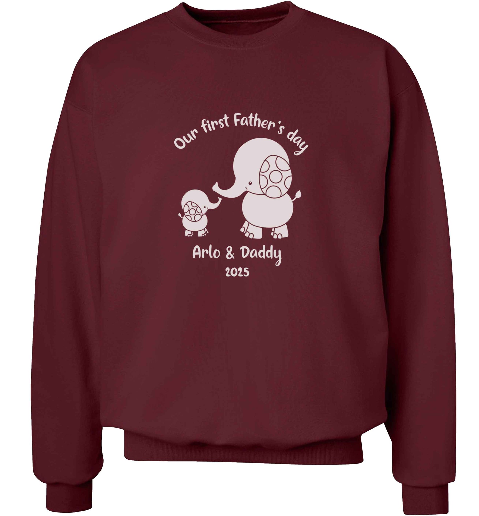 Our first Father's day personalised date and names adult's unisex maroon sweater 2XL