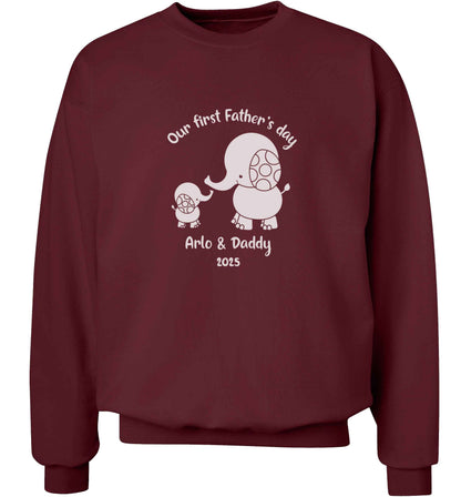 Our first Father's day personalised date and names adult's unisex maroon sweater 2XL