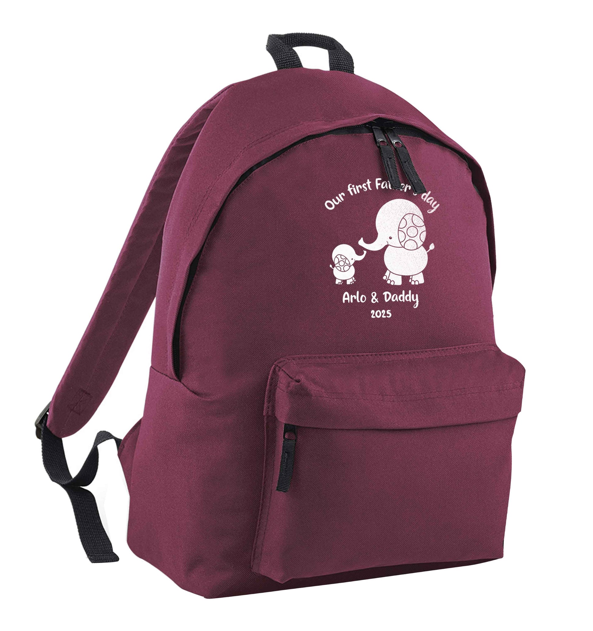Our first Father's day personalised date and names maroon adults backpack
