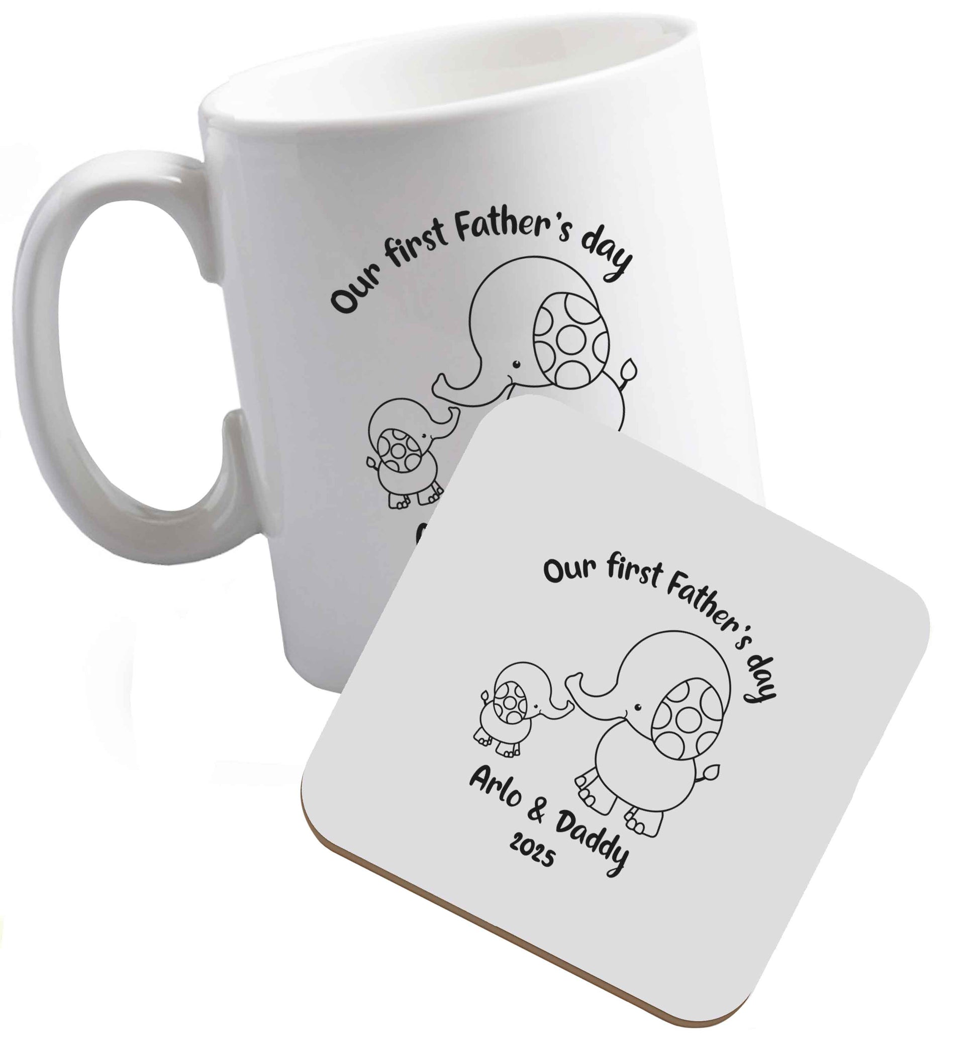 10 oz Our first Father's day personalised date and names ceramic mug and coaster set right handed