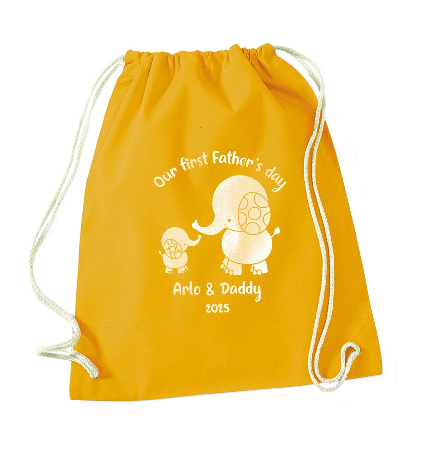 Our first Father's day personalised date and names mustard drawstring bag