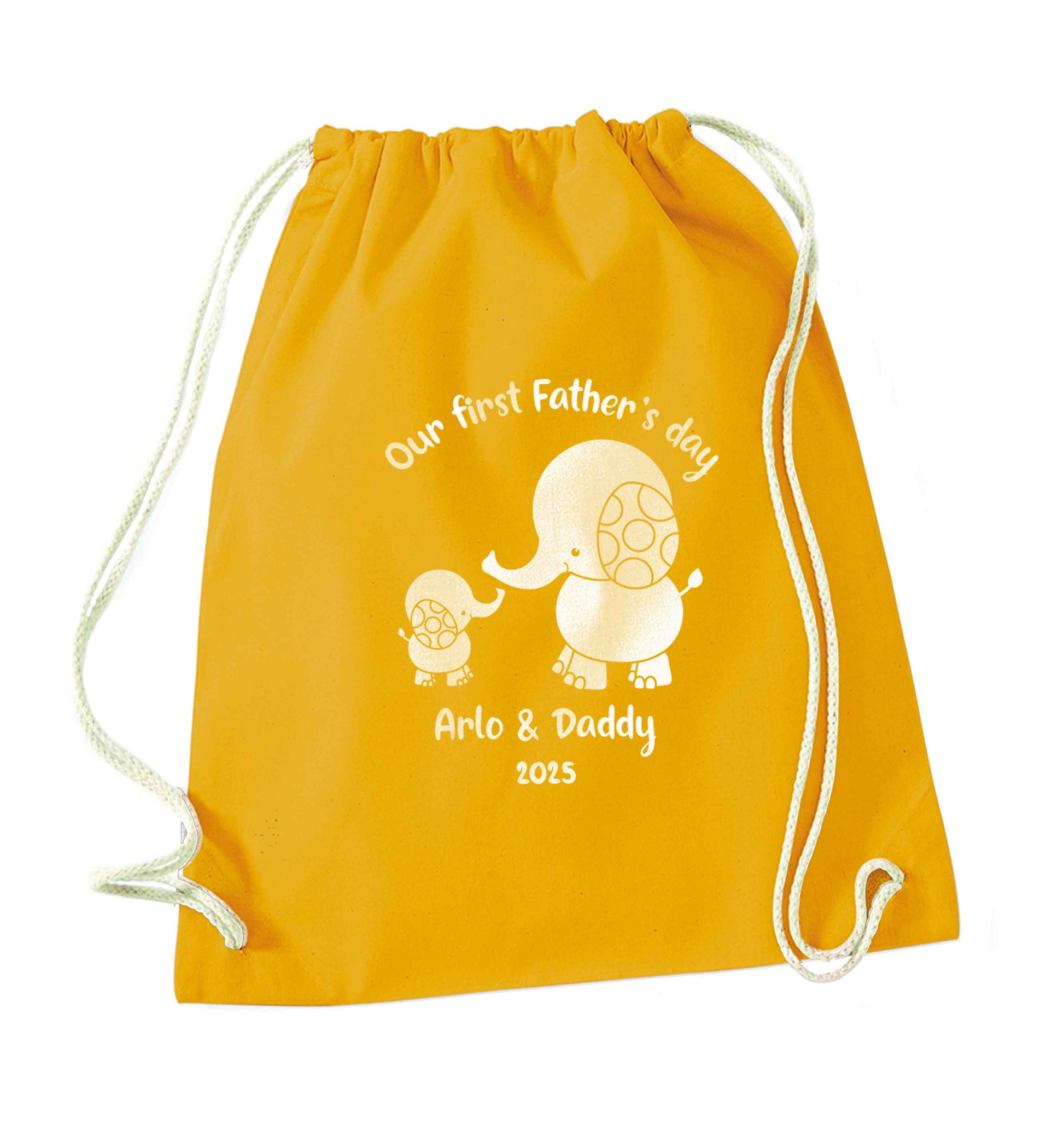 Our first Father's day personalised date and names mustard drawstring bag