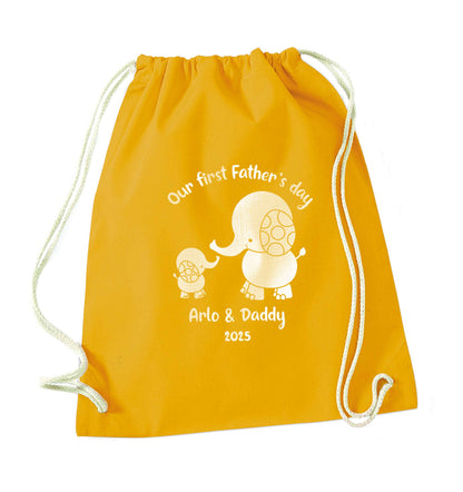 Our first Father's day personalised date and names mustard drawstring bag