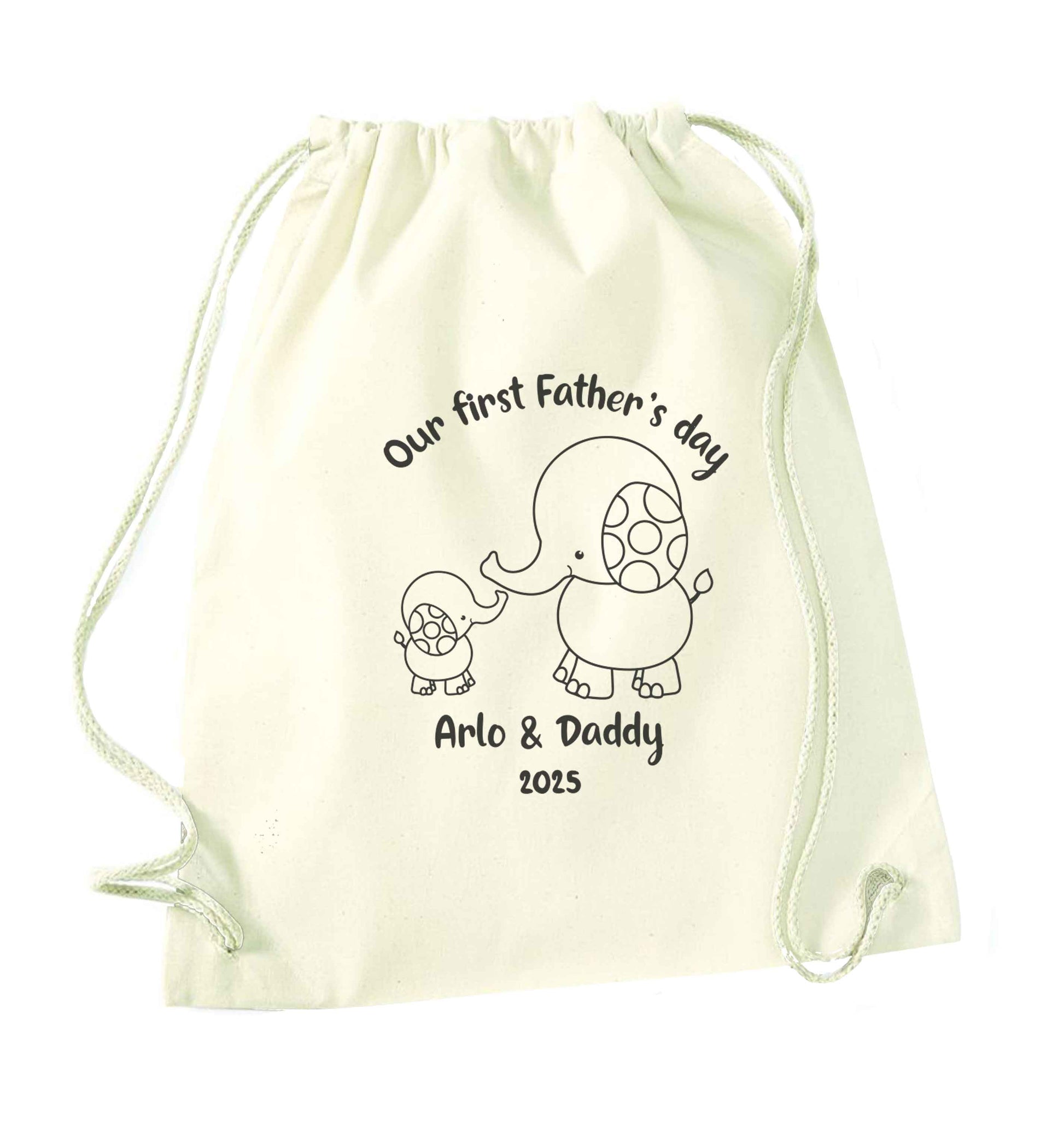 Our first Father's day personalised date and names natural drawstring bag