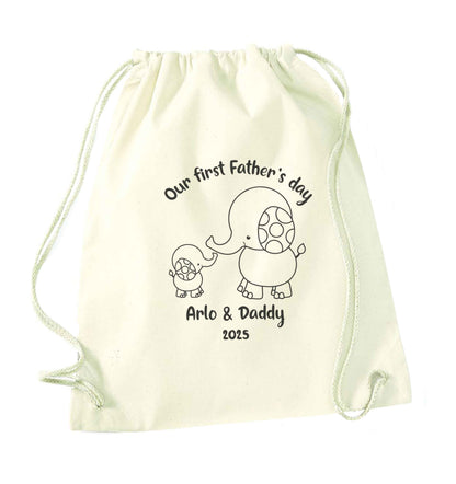 Our first Father's day personalised date and names natural drawstring bag