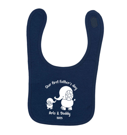 Our first Father's day personalised date and names navy baby bib