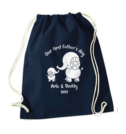 Our first Father's day personalised date and names navy drawstring bag