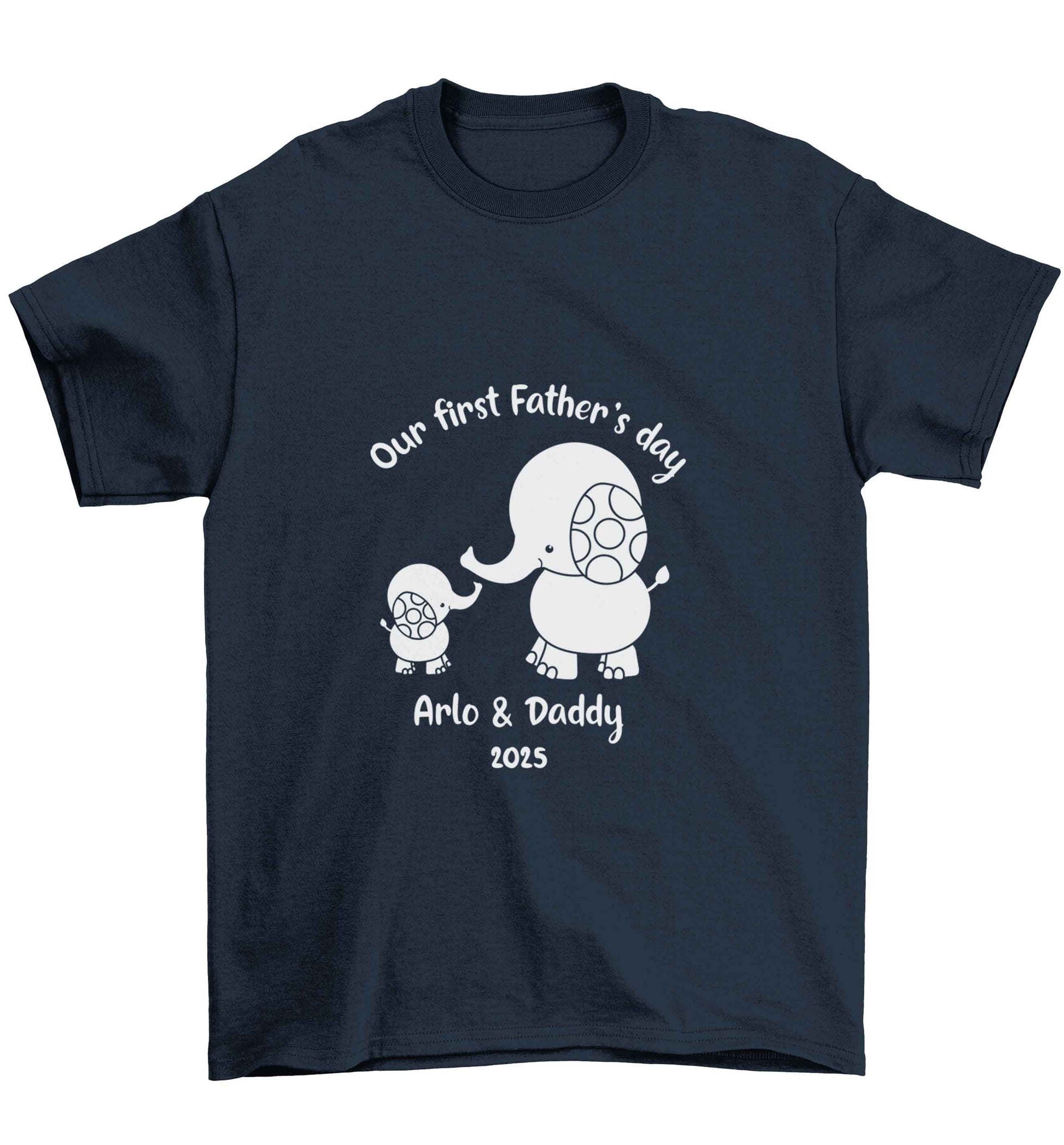 Our first Father's day personalised date and names Children's navy Tshirt 12-13 Years