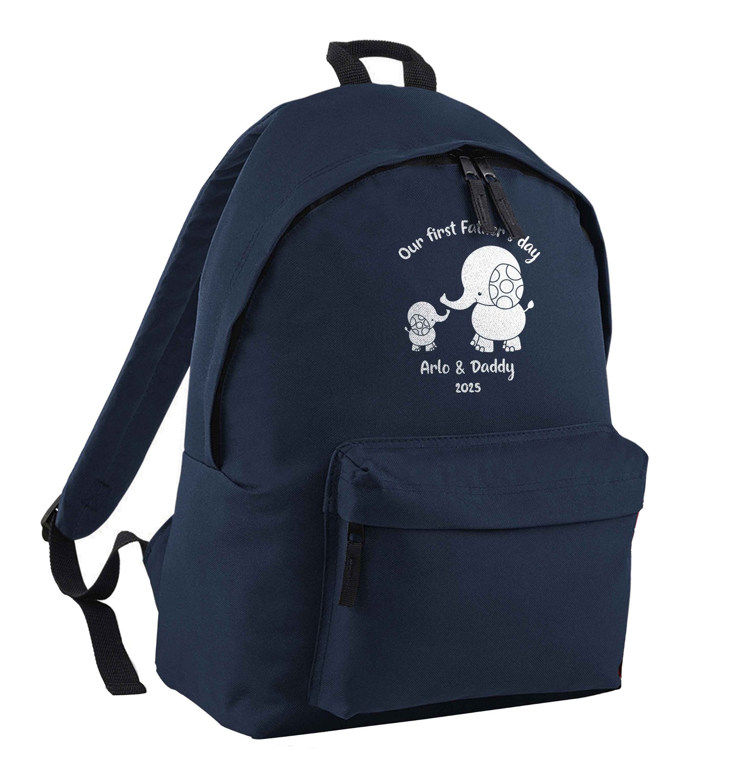 Our first Father's day personalised date and names navy children's backpack